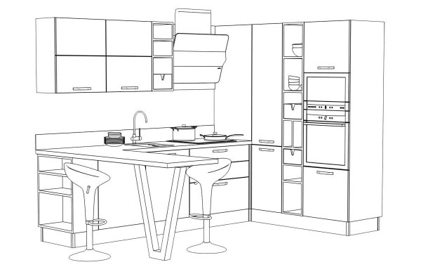 Эскиз кухни с барной стойкой