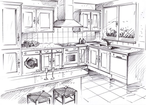 Кухня в эскизе набросок