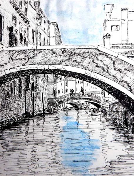 Городской пейзаж черной ручкой