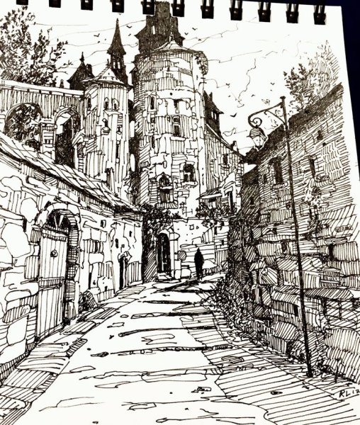 Городской пейзаж гелевой ручкой