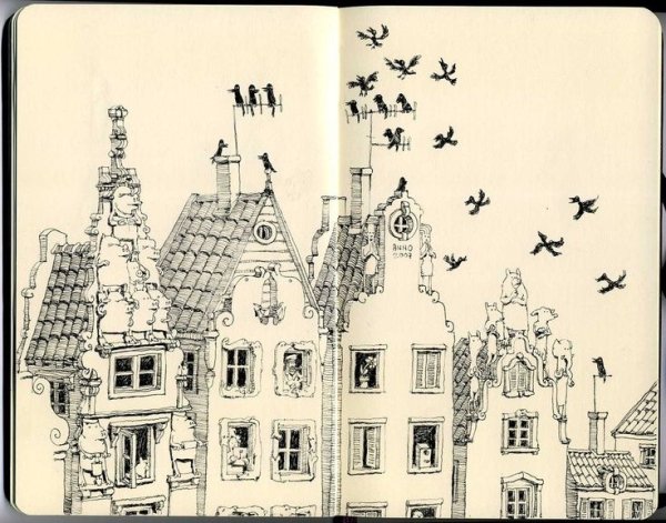 Рисунки зданий в скетчбуке