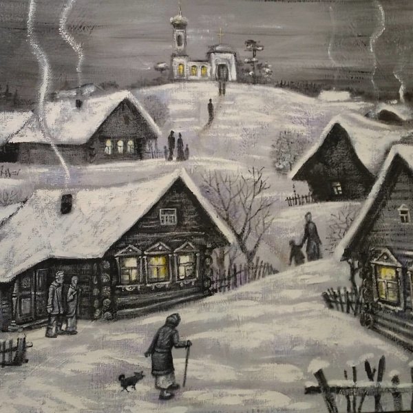 Деревня зимой карандашом