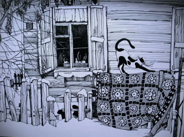 Деревенский пейзаж в графике