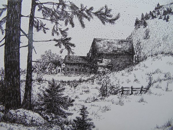 Деревенский пейзаж карандашом