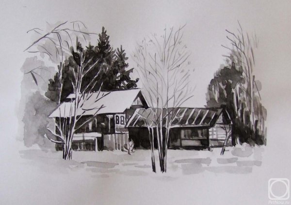 Деревня зимой карандашом
