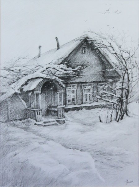 Деревенский пейзаж в графике