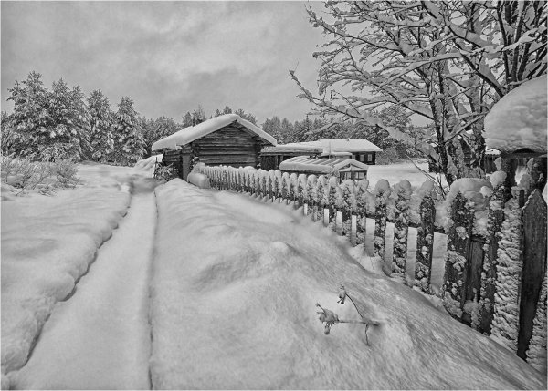 Гризайль пейзаж деревня