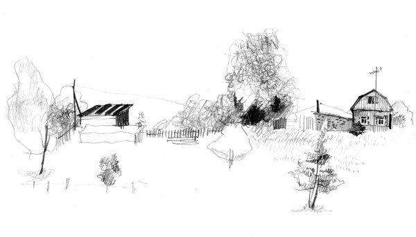 Зимний пейзаж карандашом деревни
