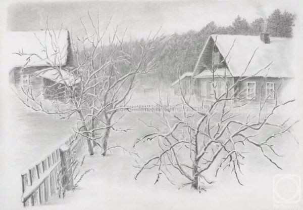 Зимний деревенский пейзаж карандашами
