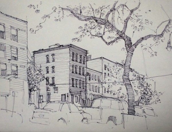 Зарисовки зданий ручкой
