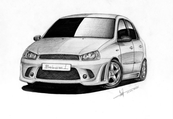 Нарисованная машина карандашом на листе