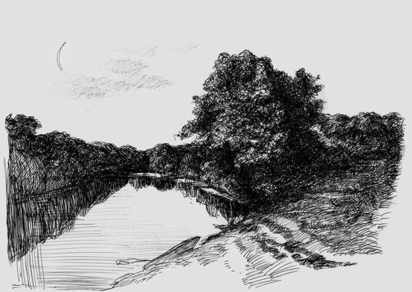 Деревенский пейзаж в графике