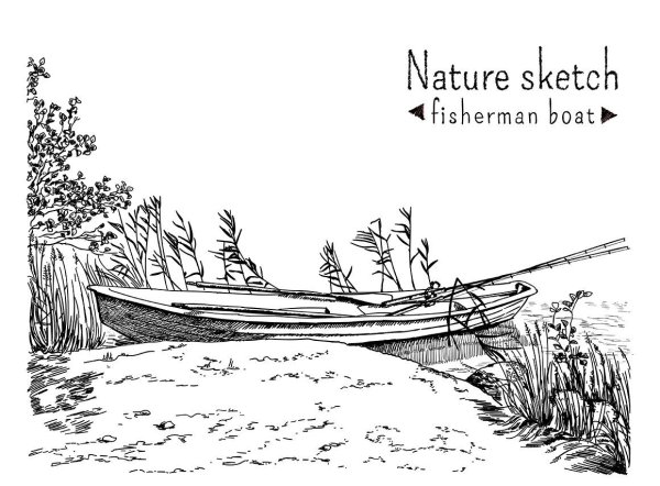 Контурный рисунок лодка на реке