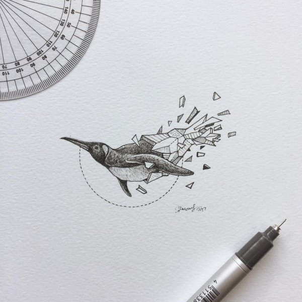 Животные черной гелевой ручкой