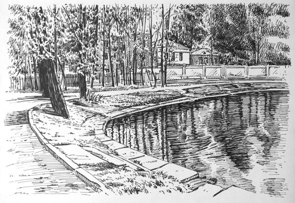 Пейзаж черной ручкой