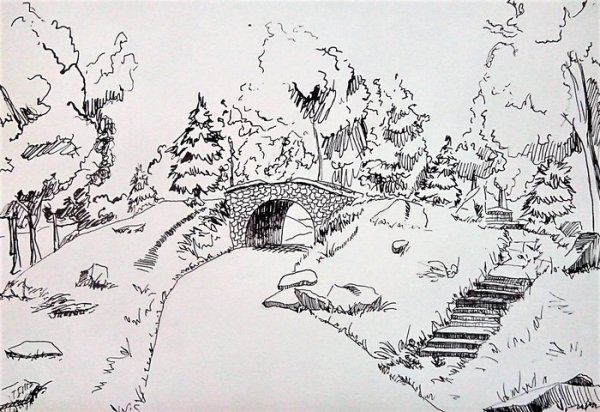 Парк иллюстрация тушью