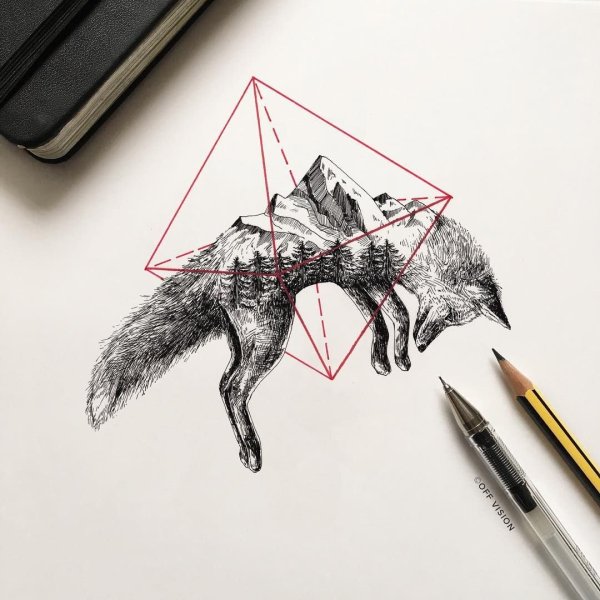 Лиса черной ручкой Минимализм