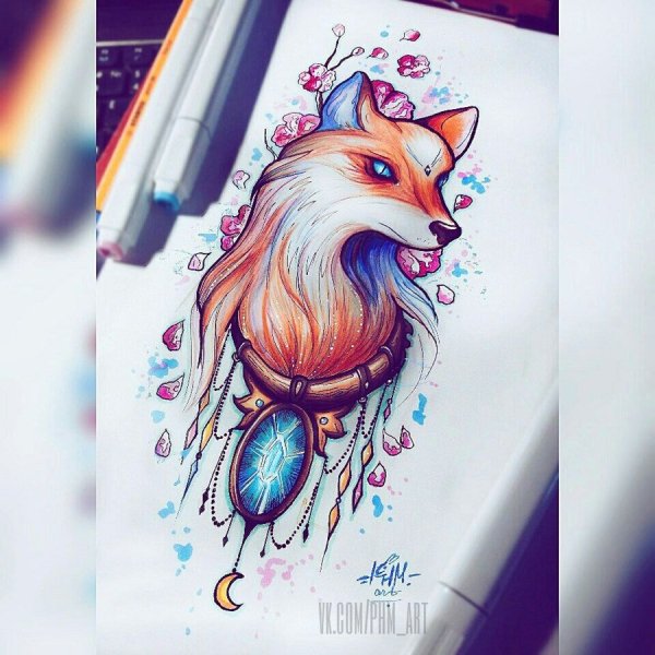 Тату лиса с перьями
