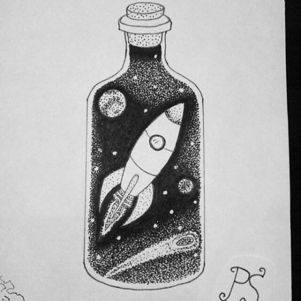 Космос в бутылке черной ручкой