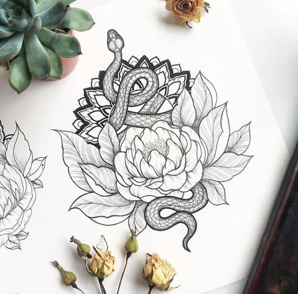 Тату змея с лотосом эскизы