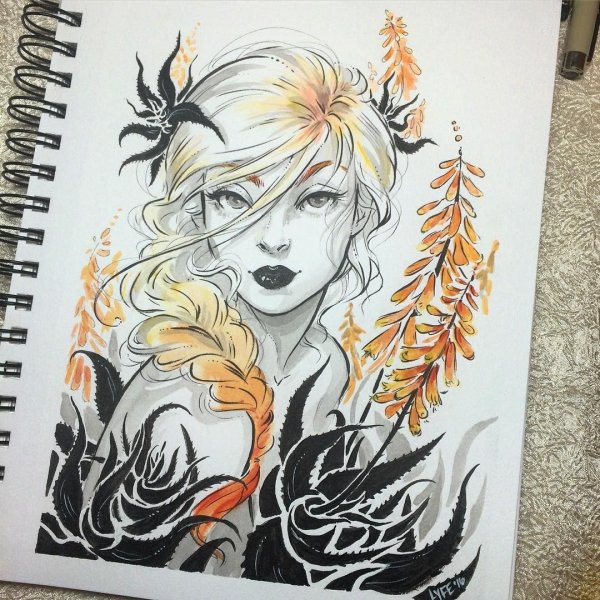 Арты акварелью и черной ручкой