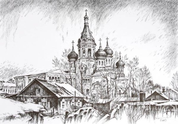 Пейзаж с храмом Графика