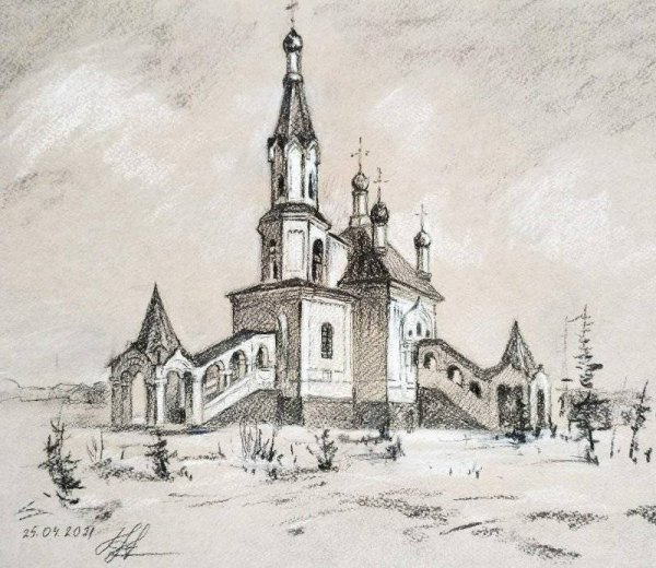 Рисунок храма Георгия Победоносца в Курске