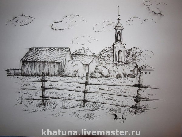 Церковь в деревне карандашом