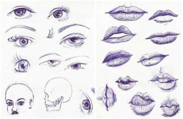 Поэтапное рисование глаз и губ