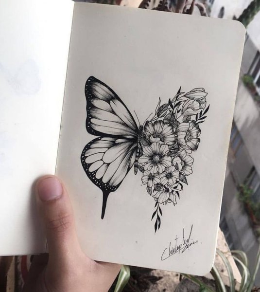 Тату бабочка с цветами эскиз