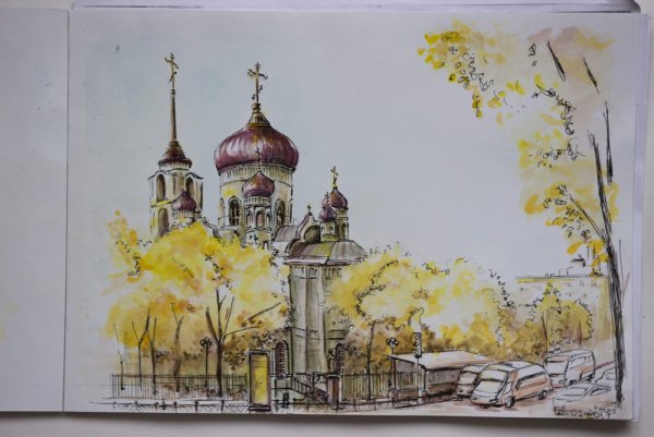 Пейзаж акварелью и гелевой ручкой