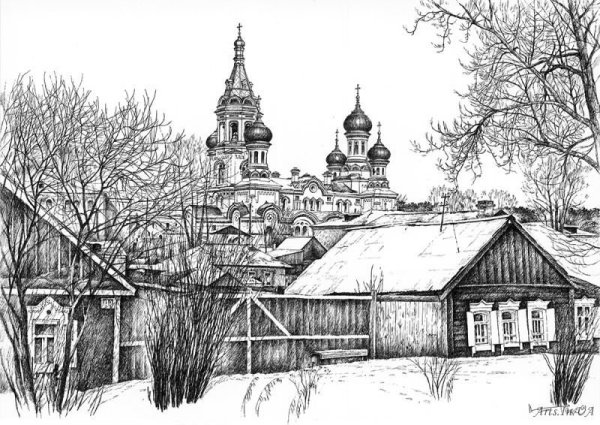 Деревенский пейзаж Графика