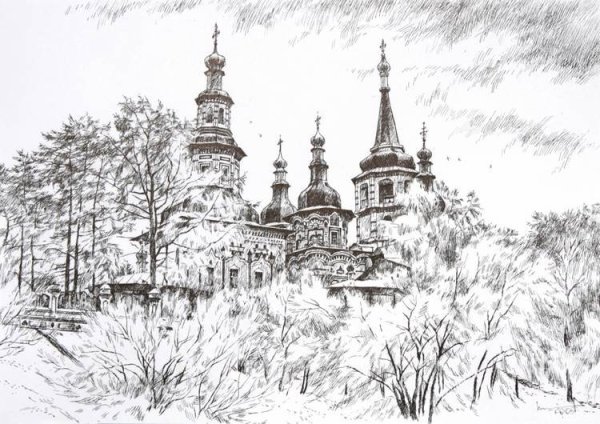 Пейзаж с храмом Графика