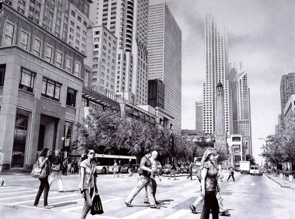 Городской пейзаж шариковой ручкой