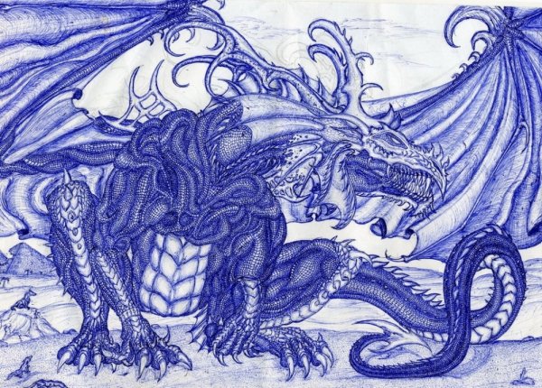 Дракон черной гелевой ручкой