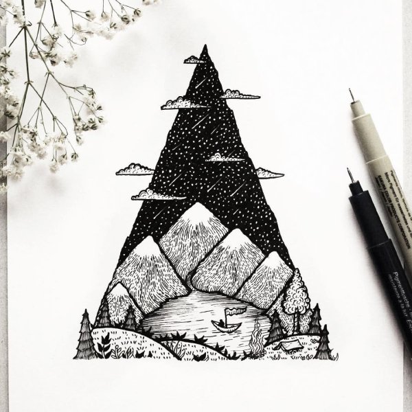 Горы черной гелевой ручкой