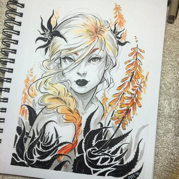 Арты акварелью и черной ручкой