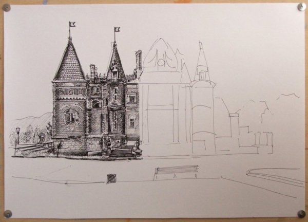 Гарри Поттер замок Хогвартс черно белый