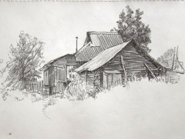 Сельский пейзаж карандашом