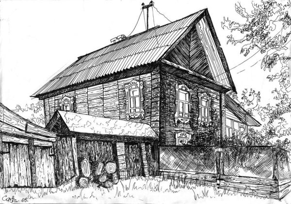 Деревенский дом в графике