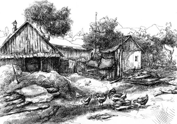 Сельский пейзаж в графике