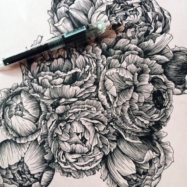 Пионы гелевой ручкой