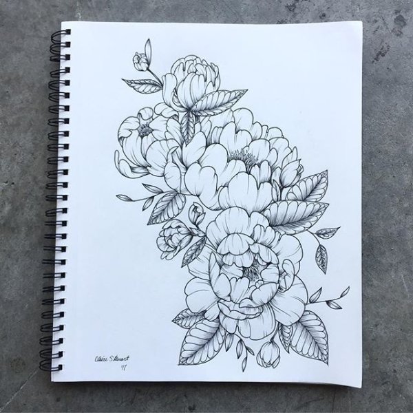 Цветы чёрной ручкой для скетчбука