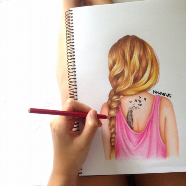 Девушка сзади рисунок цветными карандашами (