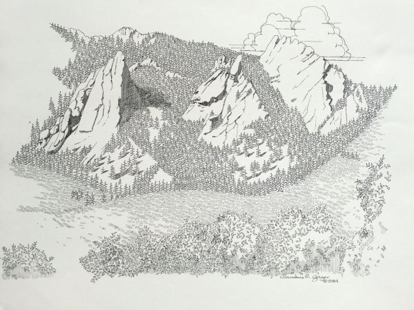 Горный пейзаж гелевой ручкой