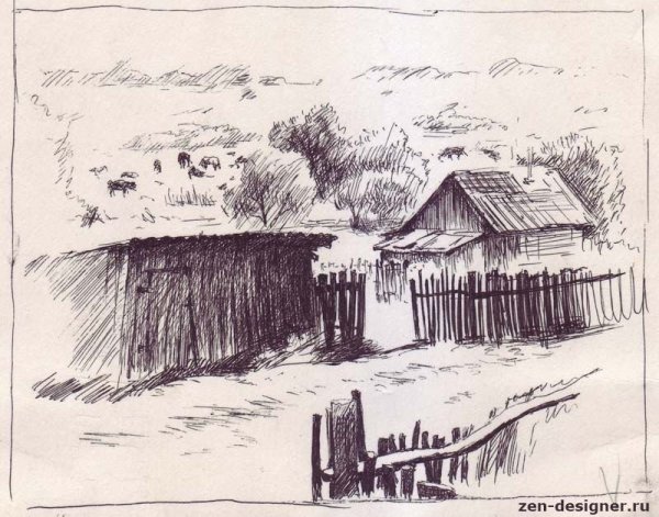 Сельский пейзаж тушью