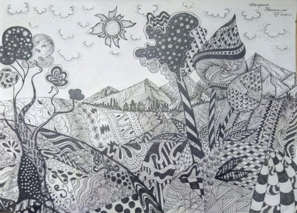 Стилизация пейзажа в декоративной композиции ручкой