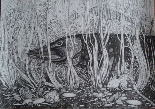 Морской пейзаж гелевой ручкой