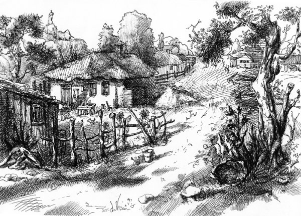 Графический пейзаж гелевой ручкой