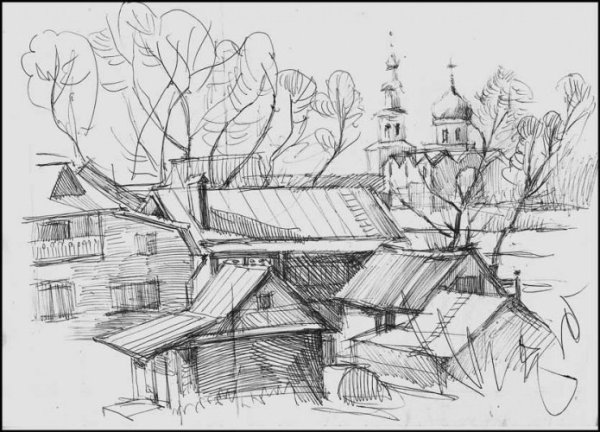 Деревенский пейзаж гелевой ручкой